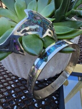 Vintage Jewerly 2pcs. Mexico Alpaca Silver inlaid with multicolor Abalone Shell
